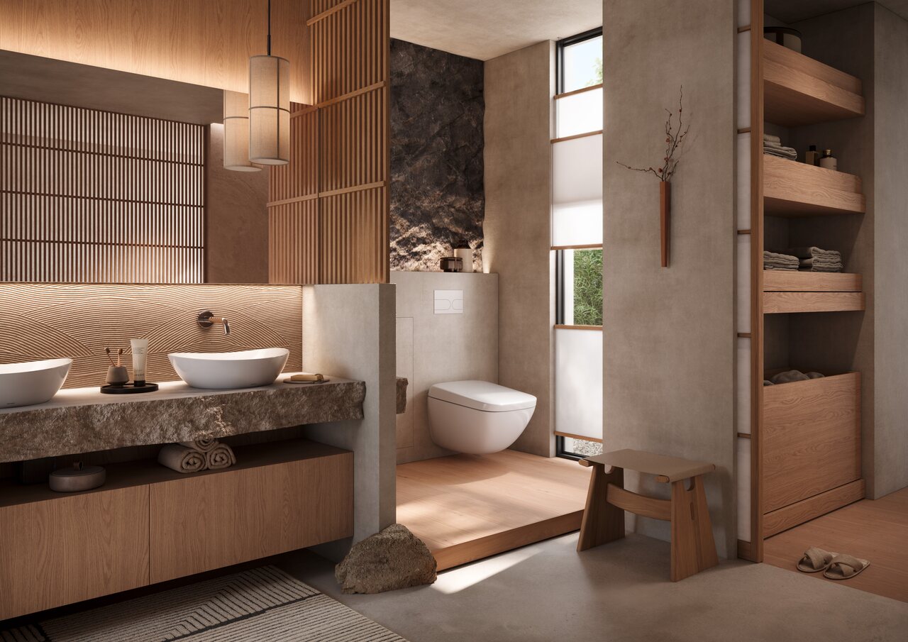 Japanisch inspiriertes Badezimmer mit wandhängendem TOTO Dusch-WC
